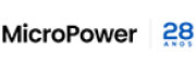 Logotipo da MicroPower: no lado esquerdo da imagem está escrito MicroPower na cor preta e, separado por uma linha cinza, a escrita 28 anos na cor azul.